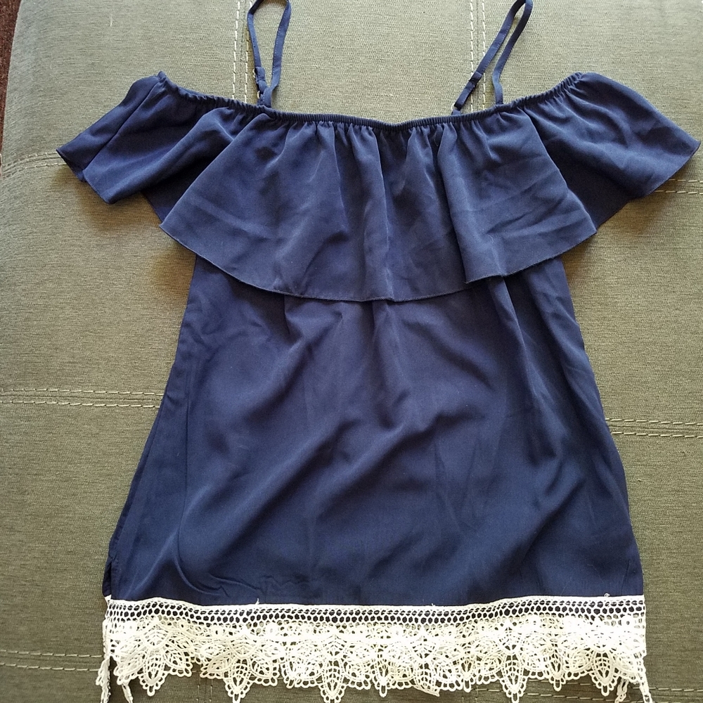 Lace + Navy Cold Shoulder Top